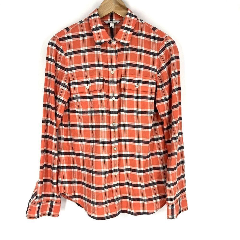 LL Bean Signature Shirt Size 8 Womens Orange White Lightweight Flannel Plaid Top